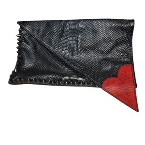 Fashion Heart Clutch Black Faux Leather with Red Heart